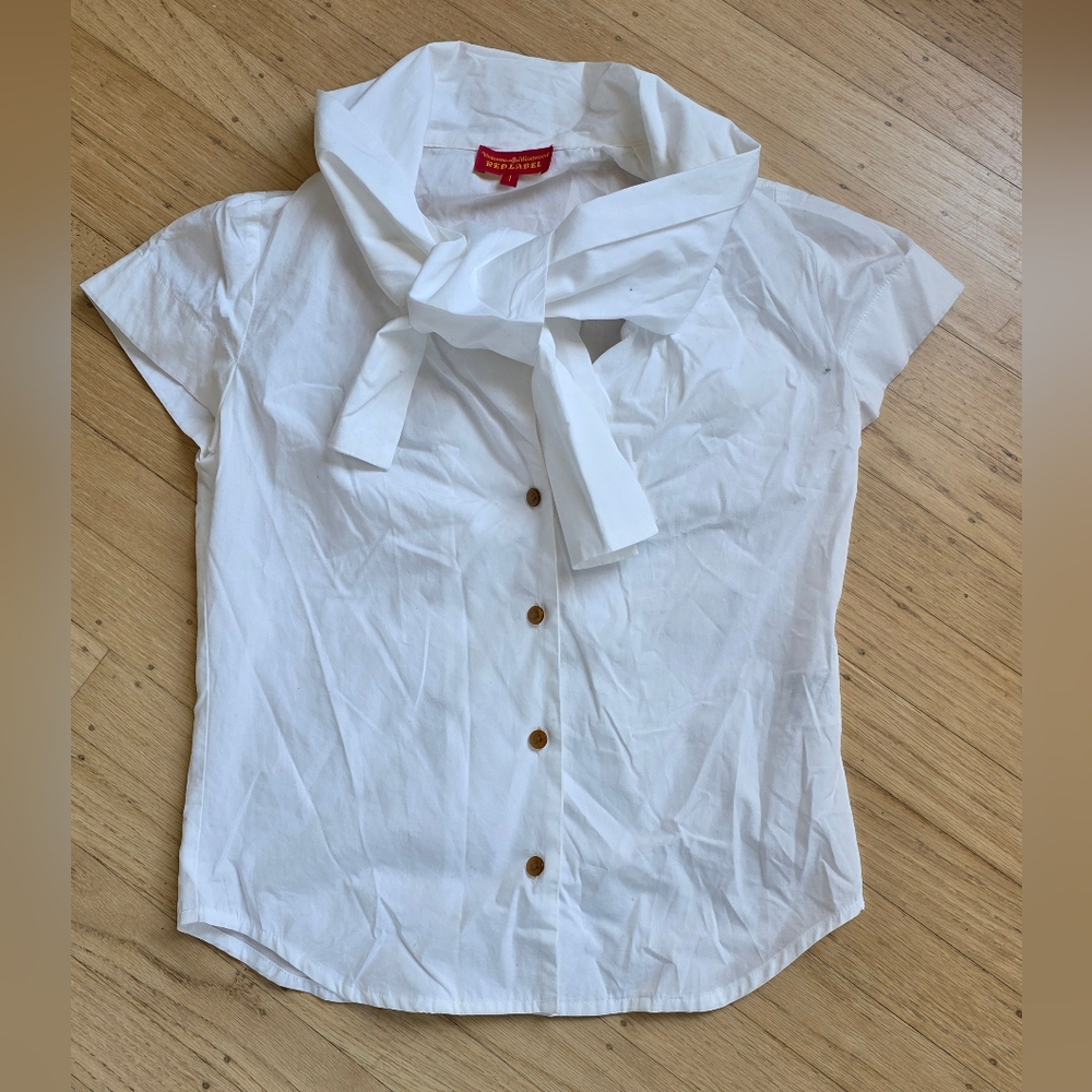Vivienne Westwood Red Label White Short Sleeve Tie Front Button Up Blouse Size 1